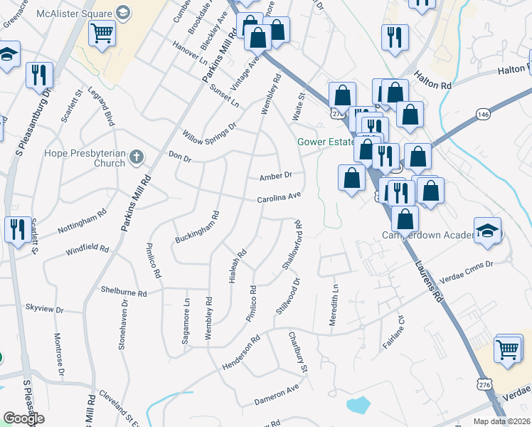 map of restaurants, bars, coffee shops, grocery stores, and more near 212 Shallowford Road in Greenville