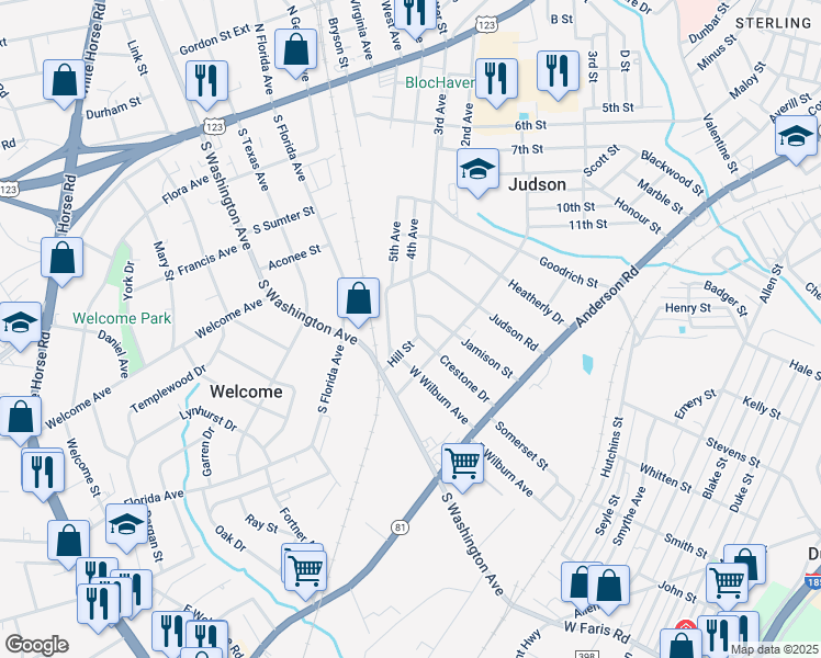 map of restaurants, bars, coffee shops, grocery stores, and more near 203 Crestone Drive in Greenville