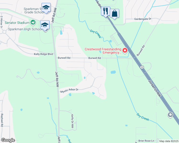map of restaurants, bars, coffee shops, grocery stores, and more near 105 Thorn Creek Drive in Harvest