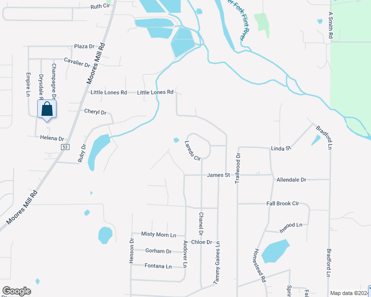 map of restaurants, bars, coffee shops, grocery stores, and more near 143 Laredo Circle in Huntsville