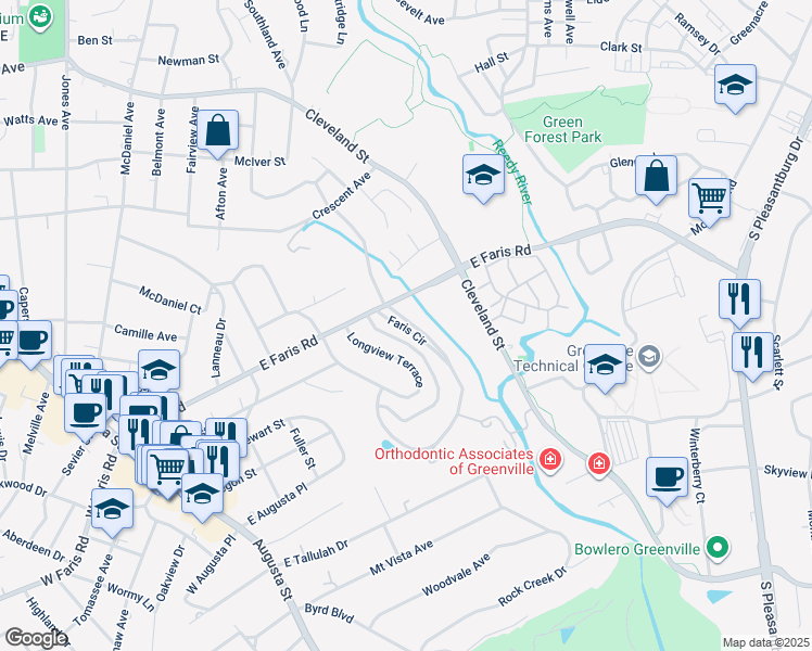 map of restaurants, bars, coffee shops, grocery stores, and more near 2 Faris Circle in Greenville