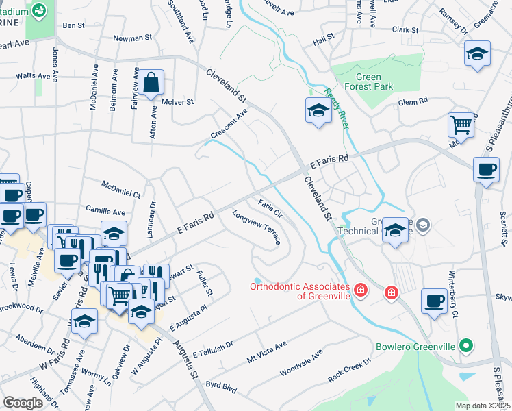 map of restaurants, bars, coffee shops, grocery stores, and more near 8 Faris Circle in Greenville