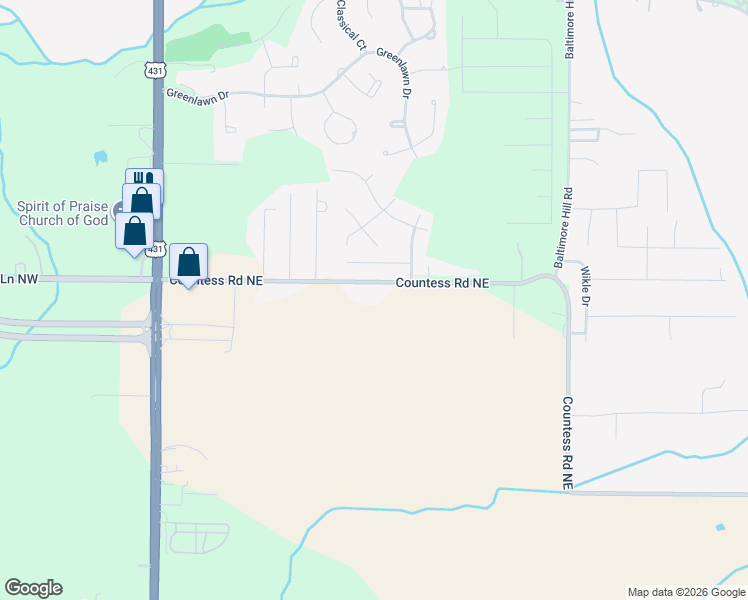 map of restaurants, bars, coffee shops, grocery stores, and more near 338 Countess Road Northeast in Huntsville