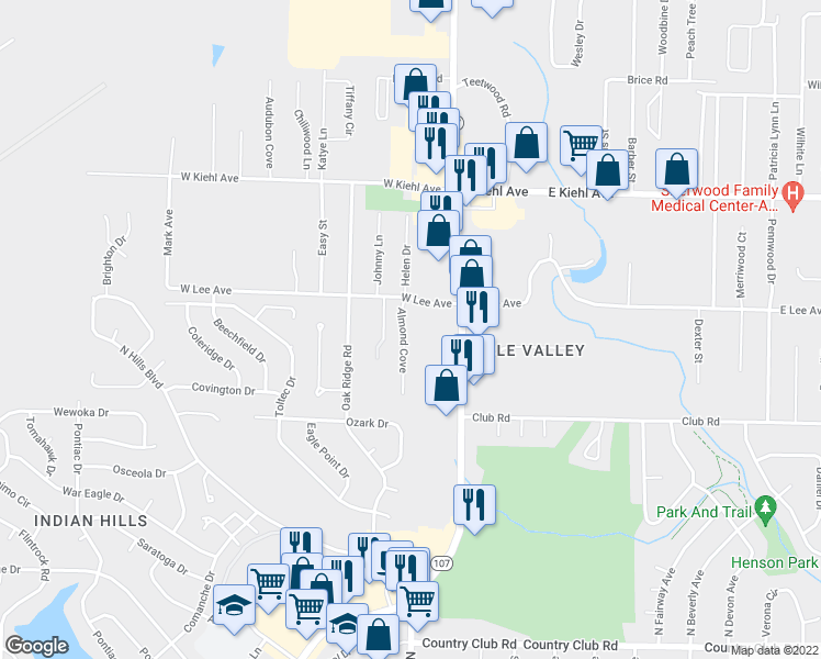 map of restaurants, bars, coffee shops, grocery stores, and more near 107 Almond Cove in Sherwood