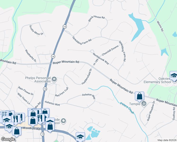 map of restaurants, bars, coffee shops, grocery stores, and more near 6 Huddersfield Drive in Simpsonville