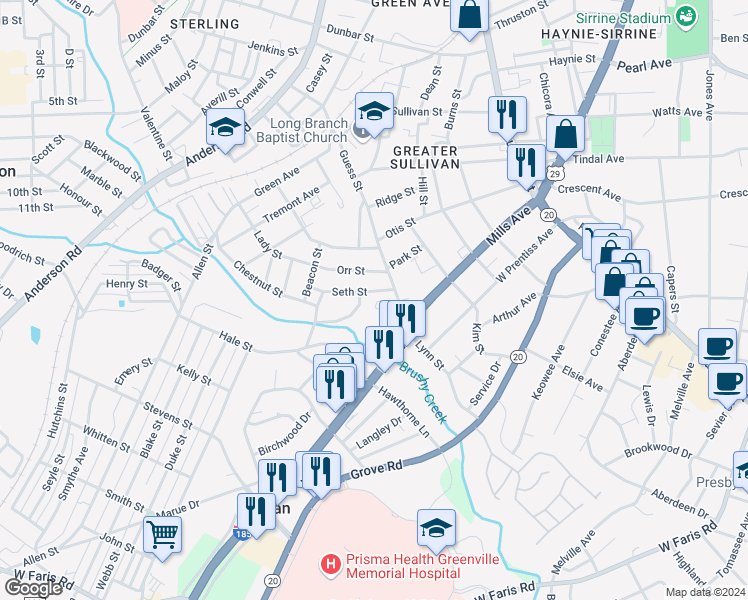 map of restaurants, bars, coffee shops, grocery stores, and more near 59 Millside Circle in Greenville