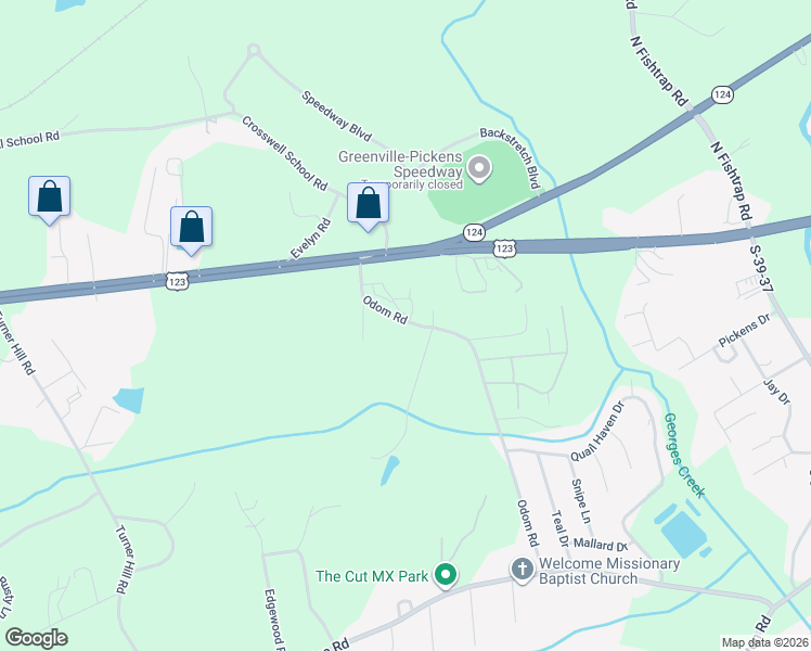 map of restaurants, bars, coffee shops, grocery stores, and more near 107-165 Odom Road in Easley