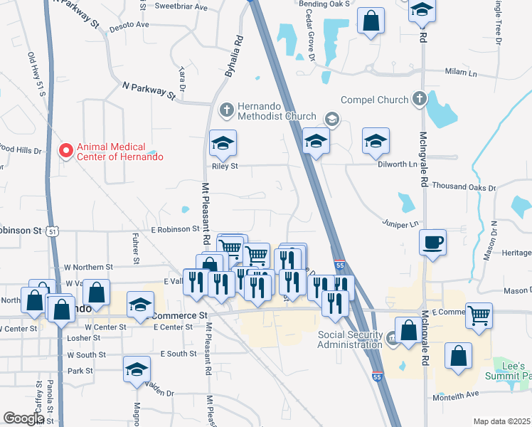 map of restaurants, bars, coffee shops, grocery stores, and more near 2172 Pleasant Grove Drive in Hernando