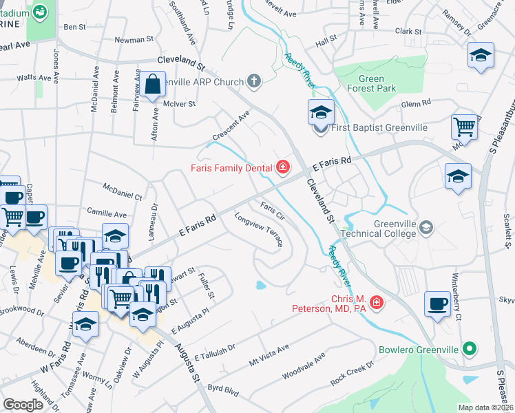 map of restaurants, bars, coffee shops, grocery stores, and more near 8 Faris Circle in Greenville