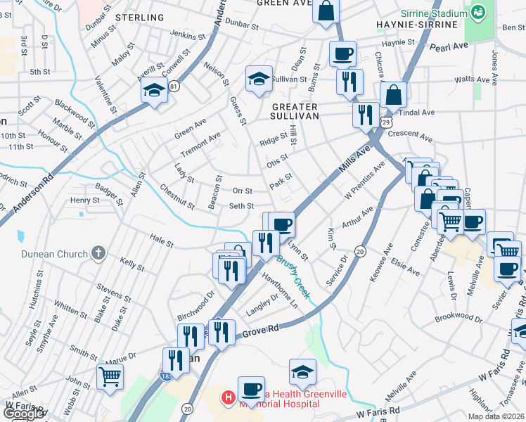 map of restaurants, bars, coffee shops, grocery stores, and more near 59 Millside Circle in Greenville
