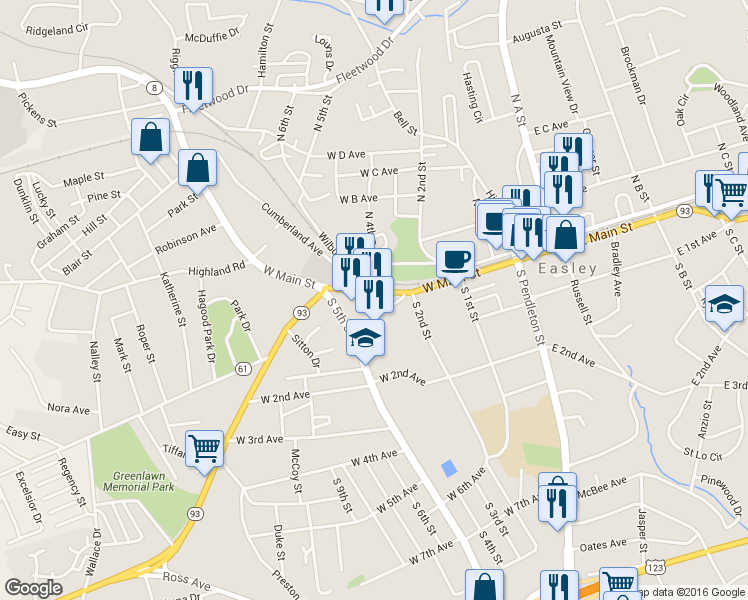 map of restaurants, bars, coffee shops, grocery stores, and more near 409 West Main Street in Easley