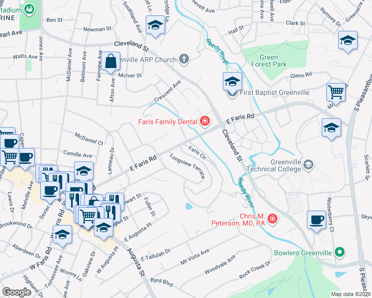 map of restaurants, bars, coffee shops, grocery stores, and more near 8 Faris Circle in Greenville