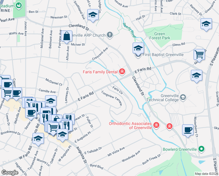 map of restaurants, bars, coffee shops, grocery stores, and more near 8 Faris Circle in Greenville