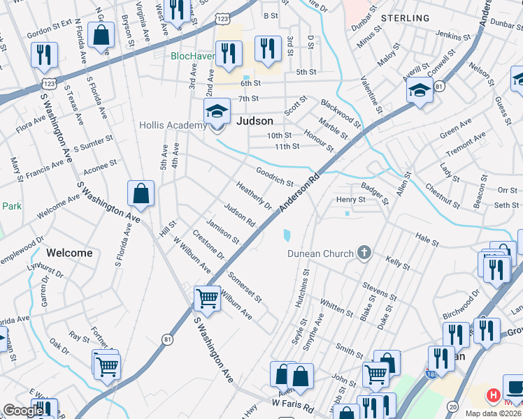 map of restaurants, bars, coffee shops, grocery stores, and more near 1600 Anderson Road in Greenville