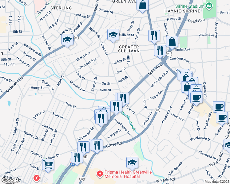 map of restaurants, bars, coffee shops, grocery stores, and more near 59 Millside Circle in Greenville