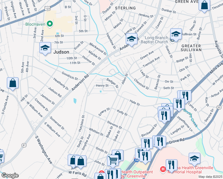 map of restaurants, bars, coffee shops, grocery stores, and more near 4 Madden Street in Greenville