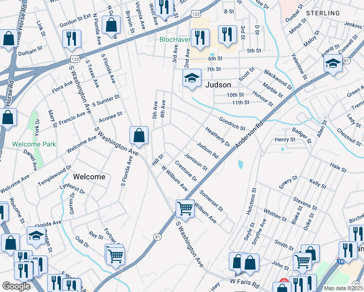 map of restaurants, bars, coffee shops, grocery stores, and more near 100 Jamison Street in Greenville