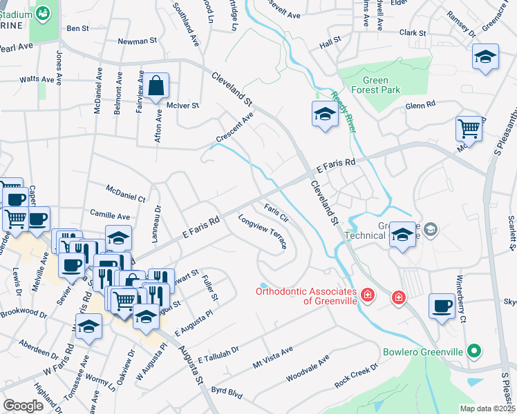 map of restaurants, bars, coffee shops, grocery stores, and more near 10 Faris Circle in Greenville