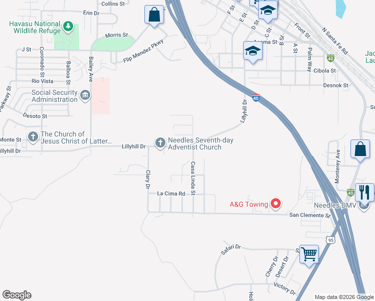 map of restaurants, bars, coffee shops, grocery stores, and more near 1345 Lillyhill Drive in Needles