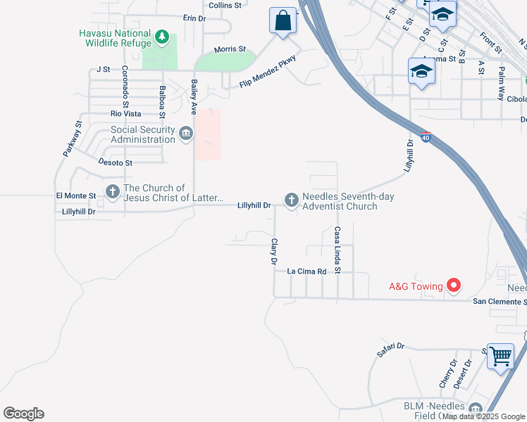 map of restaurants, bars, coffee shops, grocery stores, and more near 1501 Lillyhill Drive in Needles