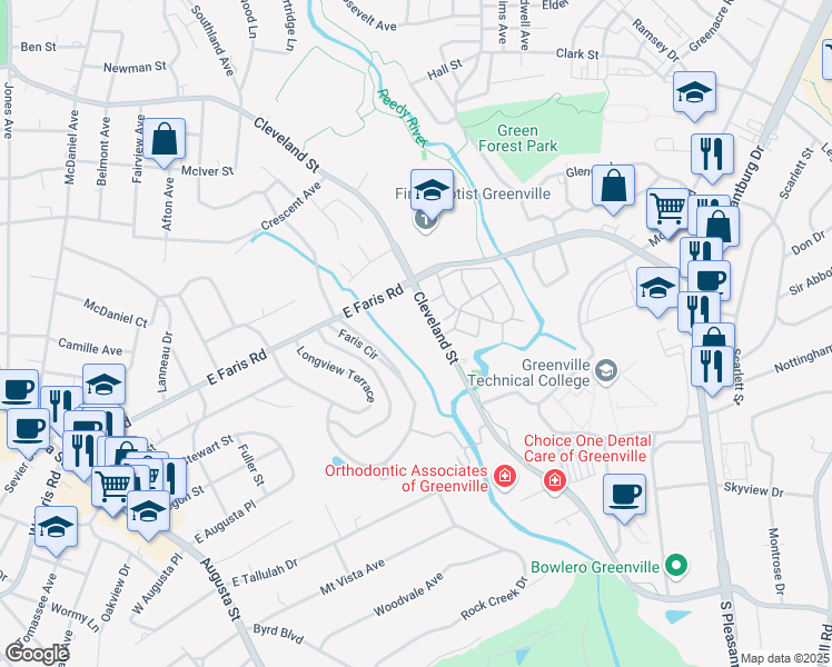 map of restaurants, bars, coffee shops, grocery stores, and more near 12727 Cleveland St in Greenville