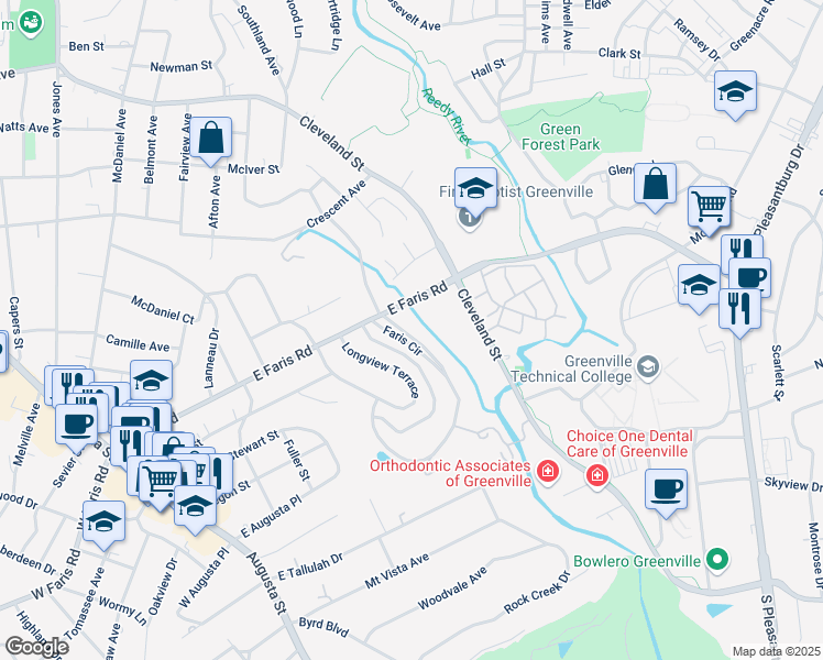 map of restaurants, bars, coffee shops, grocery stores, and more near 27 Faris Circle in Greenville