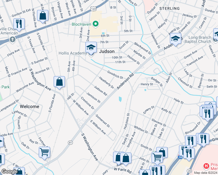 map of restaurants, bars, coffee shops, grocery stores, and more near 10 Judson Road in Greenville