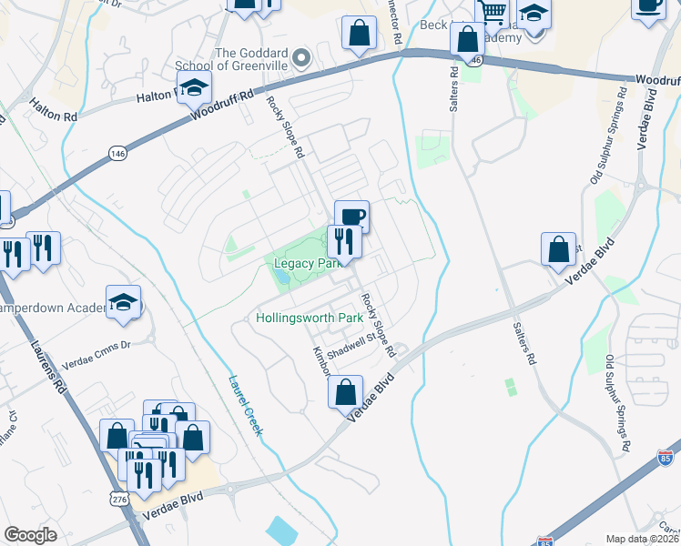 map of restaurants, bars, coffee shops, grocery stores, and more near 7 Legacy Park Road in Greenville