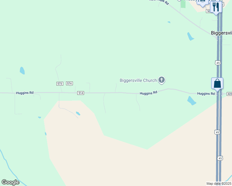 map of restaurants, bars, coffee shops, grocery stores, and more near Huggins Road in Alcorn County