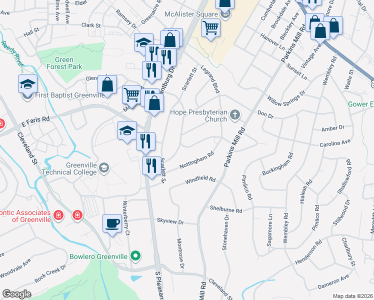 map of restaurants, bars, coffee shops, grocery stores, and more near 35 Lady Marion Lane in Greenville
