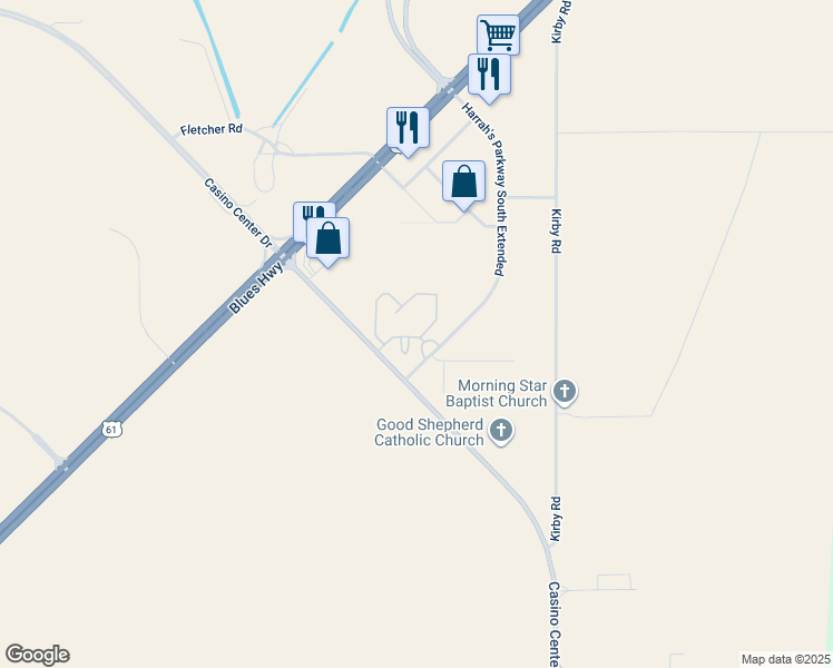 map of restaurants, bars, coffee shops, grocery stores, and more near 1632 Harrah's Parkway South in Robinsonville