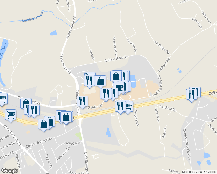 map of restaurants, bars, coffee shops, grocery stores, and more near 185 Rolling Hills Circle in Easley