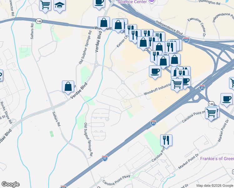 map of restaurants, bars, coffee shops, grocery stores, and more near 198 Woodruff Industrial Lane in Greenville