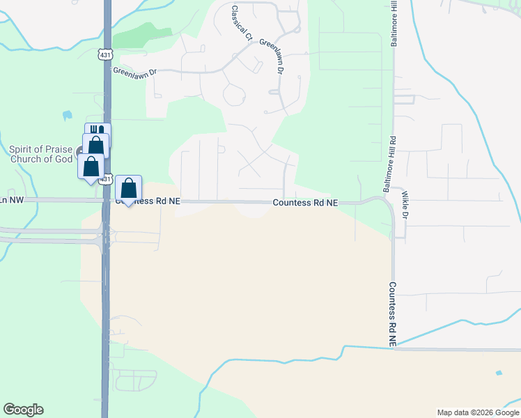map of restaurants, bars, coffee shops, grocery stores, and more near 338 Countess Road Northeast in Huntsville