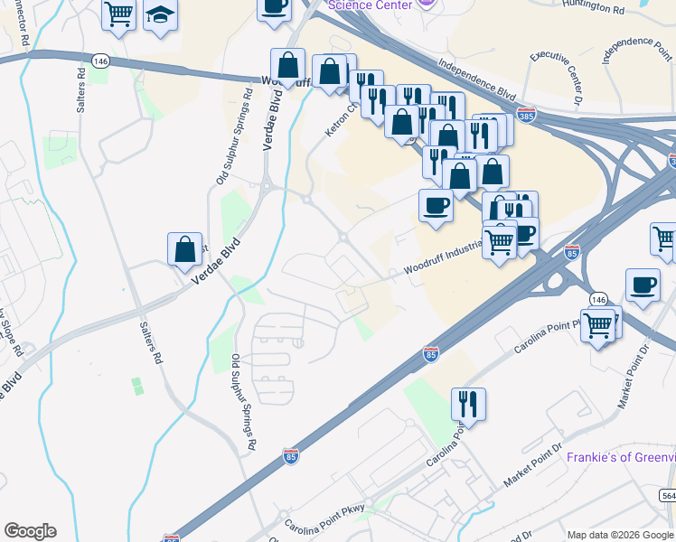 map of restaurants, bars, coffee shops, grocery stores, and more near 198 Woodruff Industrial Lane in Greenville