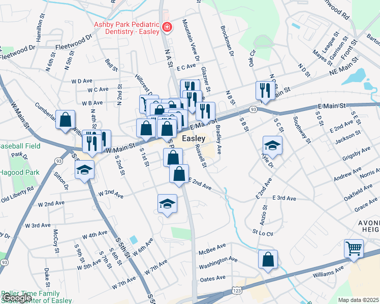 map of restaurants, bars, coffee shops, grocery stores, and more near 122 East 1st Avenue in Easley