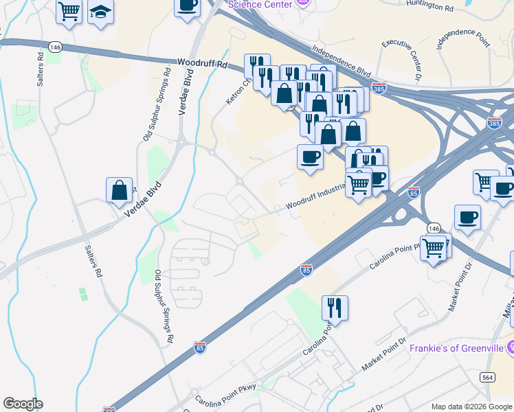 map of restaurants, bars, coffee shops, grocery stores, and more near 106-198 Woodruff Industrial Lane in Greenville