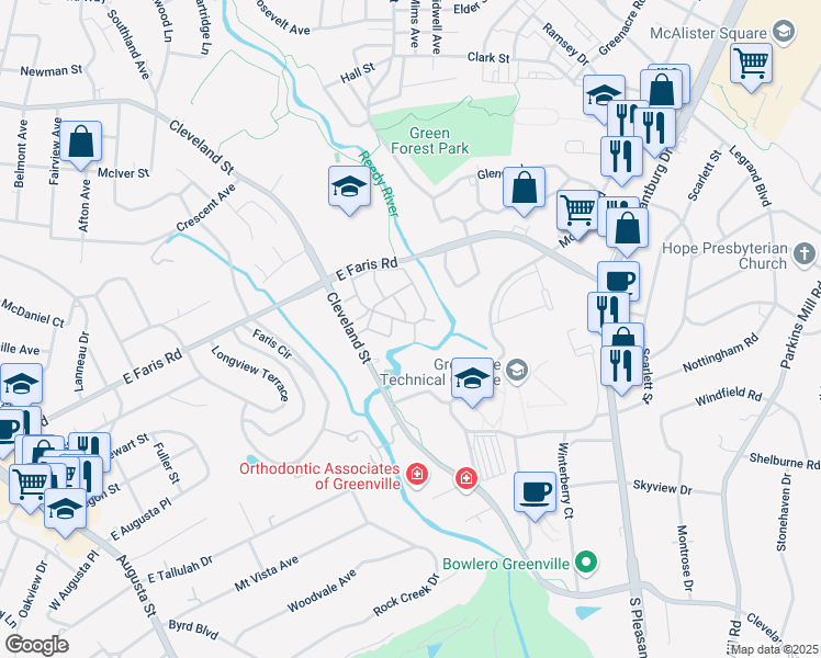 map of restaurants, bars, coffee shops, grocery stores, and more near 53 Cleveland Street in Greenville
