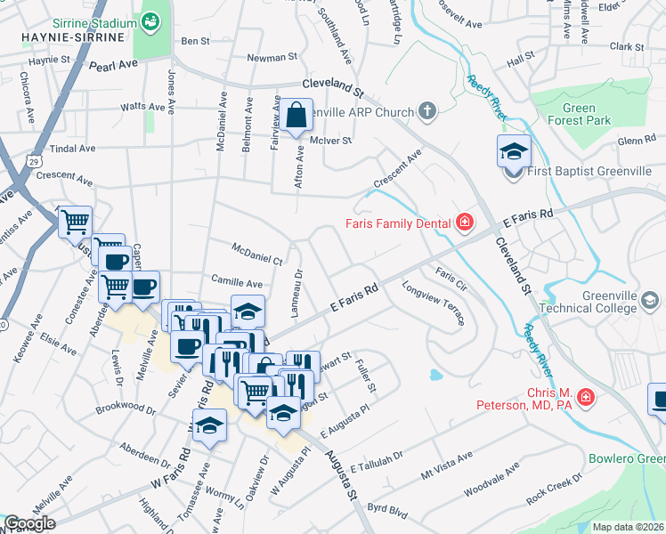 map of restaurants, bars, coffee shops, grocery stores, and more near 2 Longview Terrace in Greenville