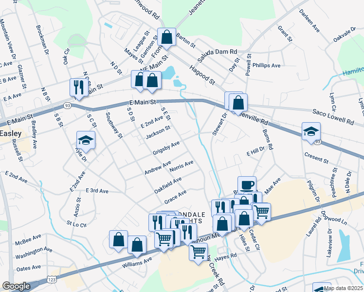 map of restaurants, bars, coffee shops, grocery stores, and more near 307 Andrew Avenue in Easley