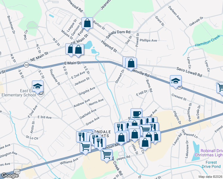 map of restaurants, bars, coffee shops, grocery stores, and more near 506 Grigsby Avenue in Easley