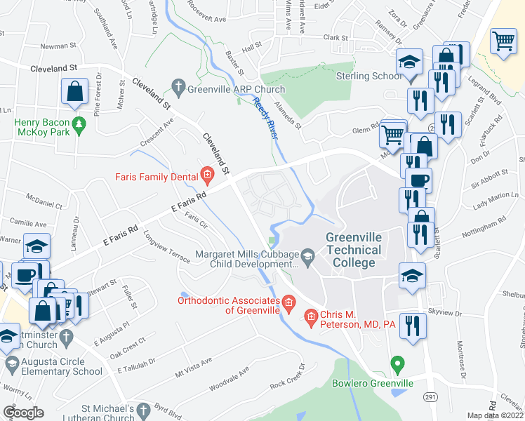 map of restaurants, bars, coffee shops, grocery stores, and more near 53 Cleveland Street in Greenville