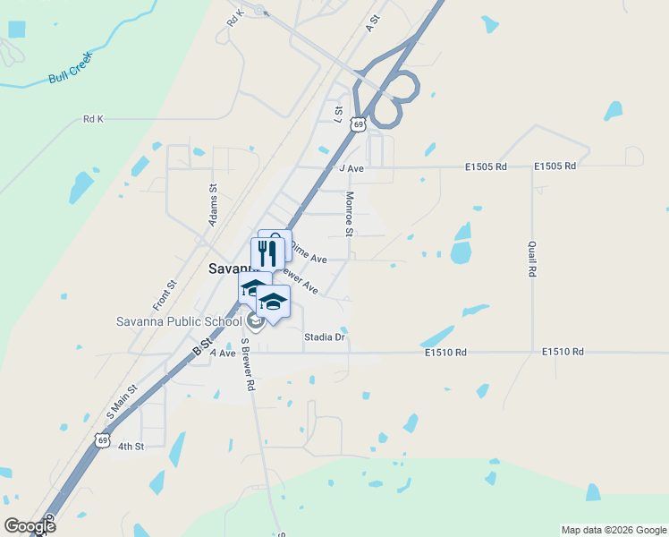 map of restaurants, bars, coffee shops, grocery stores, and more near 202 Monroe Street in Savanna