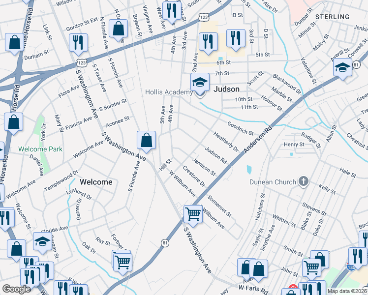 map of restaurants, bars, coffee shops, grocery stores, and more near 100 Jamison Street in Greenville
