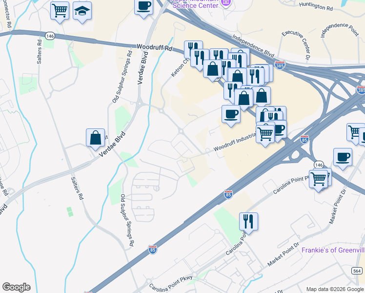 map of restaurants, bars, coffee shops, grocery stores, and more near 106-198 Woodruff Industrial Lane in Greenville