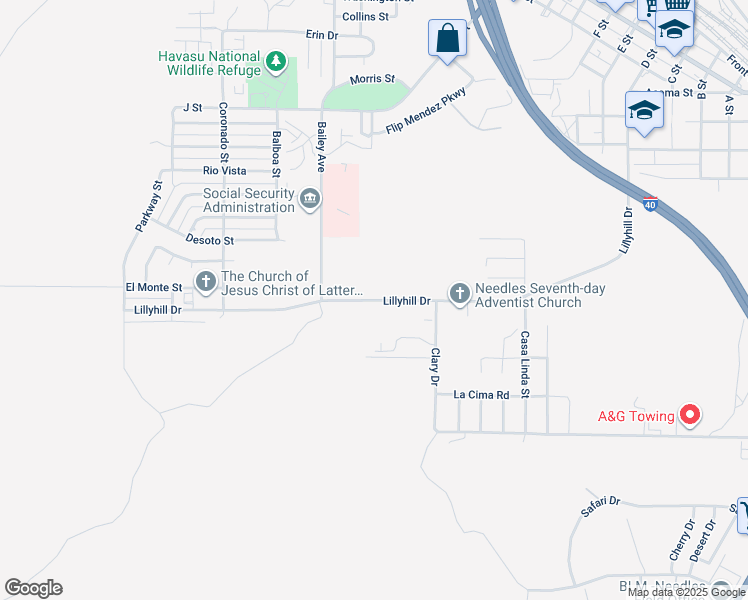 map of restaurants, bars, coffee shops, grocery stores, and more near Lillyhill Drive in Needles