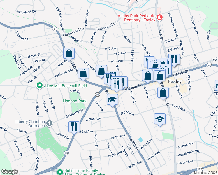map of restaurants, bars, coffee shops, grocery stores, and more near 510 West Main Street in Easley