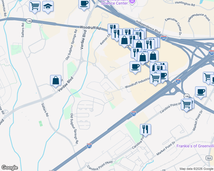 map of restaurants, bars, coffee shops, grocery stores, and more near 106-198 Woodruff Industrial Lane in Greenville