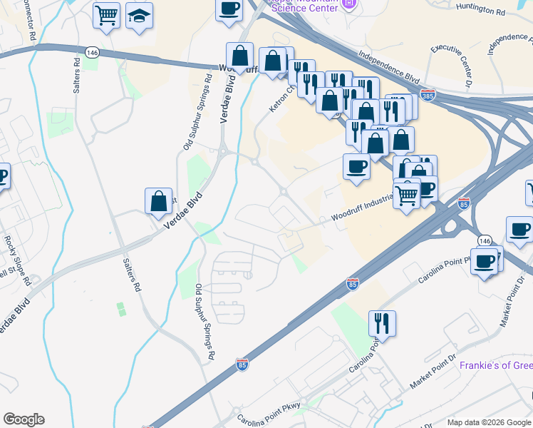 map of restaurants, bars, coffee shops, grocery stores, and more near 198 Woodruff Industrial Lane in Greenville