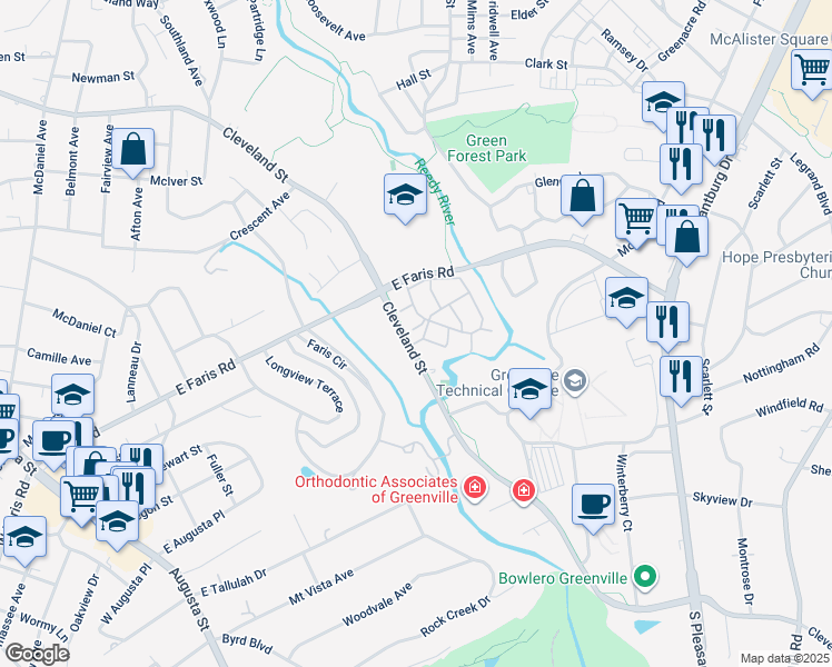 map of restaurants, bars, coffee shops, grocery stores, and more near 925 Swamp Rabbit Trail in Greenville